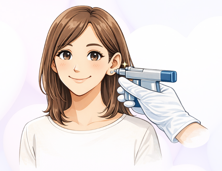ピアスに穴をあける様子の女性のイラスト