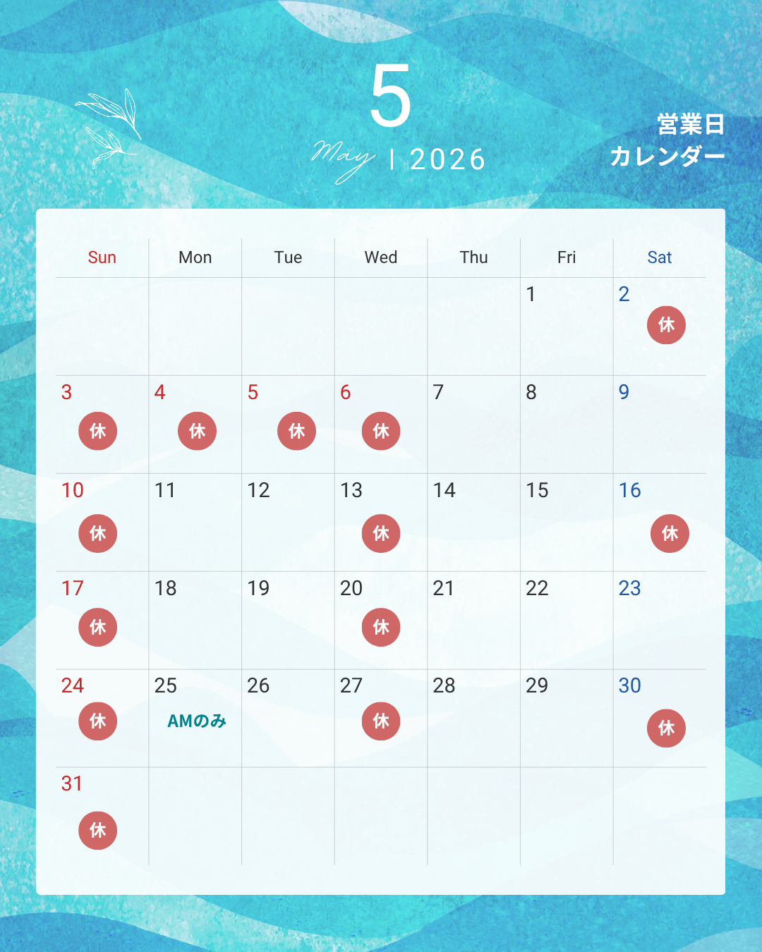 湘南ジンベエ皮膚科5月のスケジュール